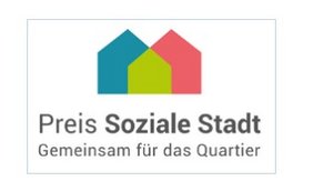 Grafik von drei Häusern mit dem Schriftzug: "Preis soziale Stadt gemeinsam für das Quartier"